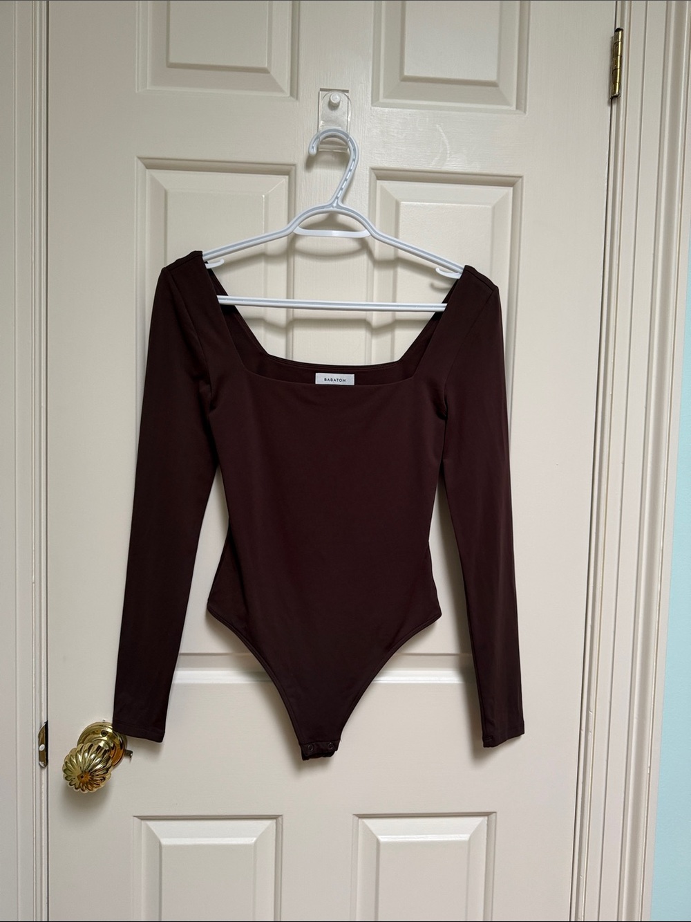 Babaton sz S Chocolate Brown Contour Square Neck Long Sleeve Thong Bodysuit
